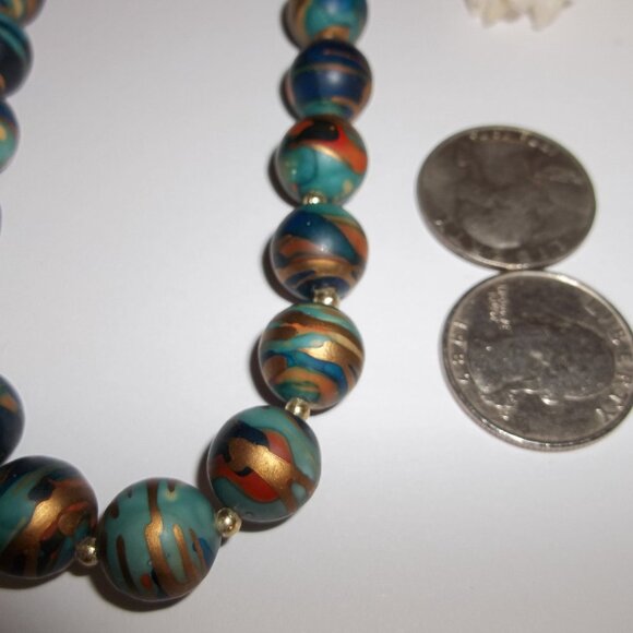 Vintage Necklace Beaded Blue Gold Fashion Accessory Jewelry Woman Unique C647 - Picture 2 of 7